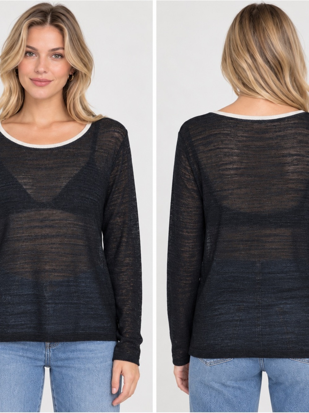 Dana Buchman Women’s L Black Semi Sheer Knit Sweater Cream Trim Rayon Nylon
